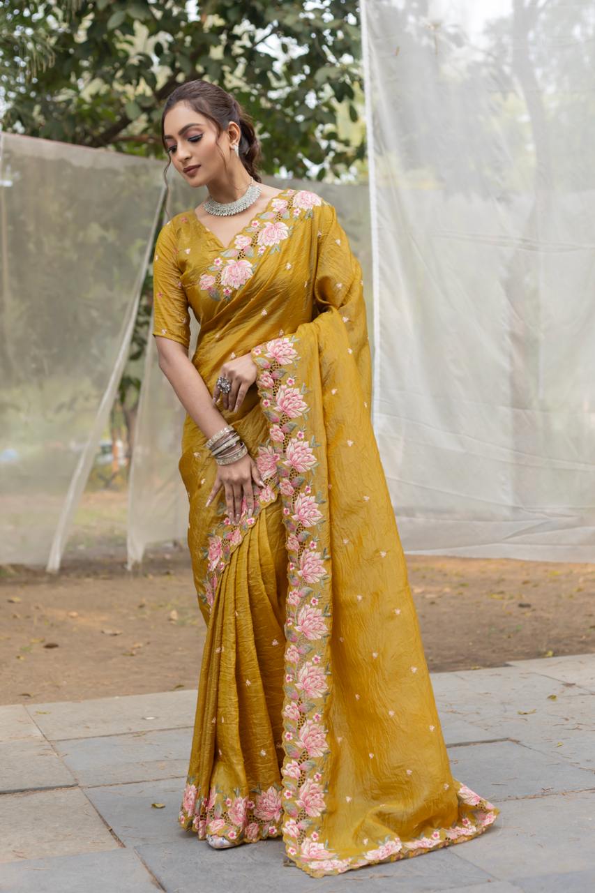 Women's Pristine White Organza Saree with Exquisite Pink & Green Floral Thread Embroidery – Complete with Matching Embroidered Blouse for Festive & Summer Wear - Image 8