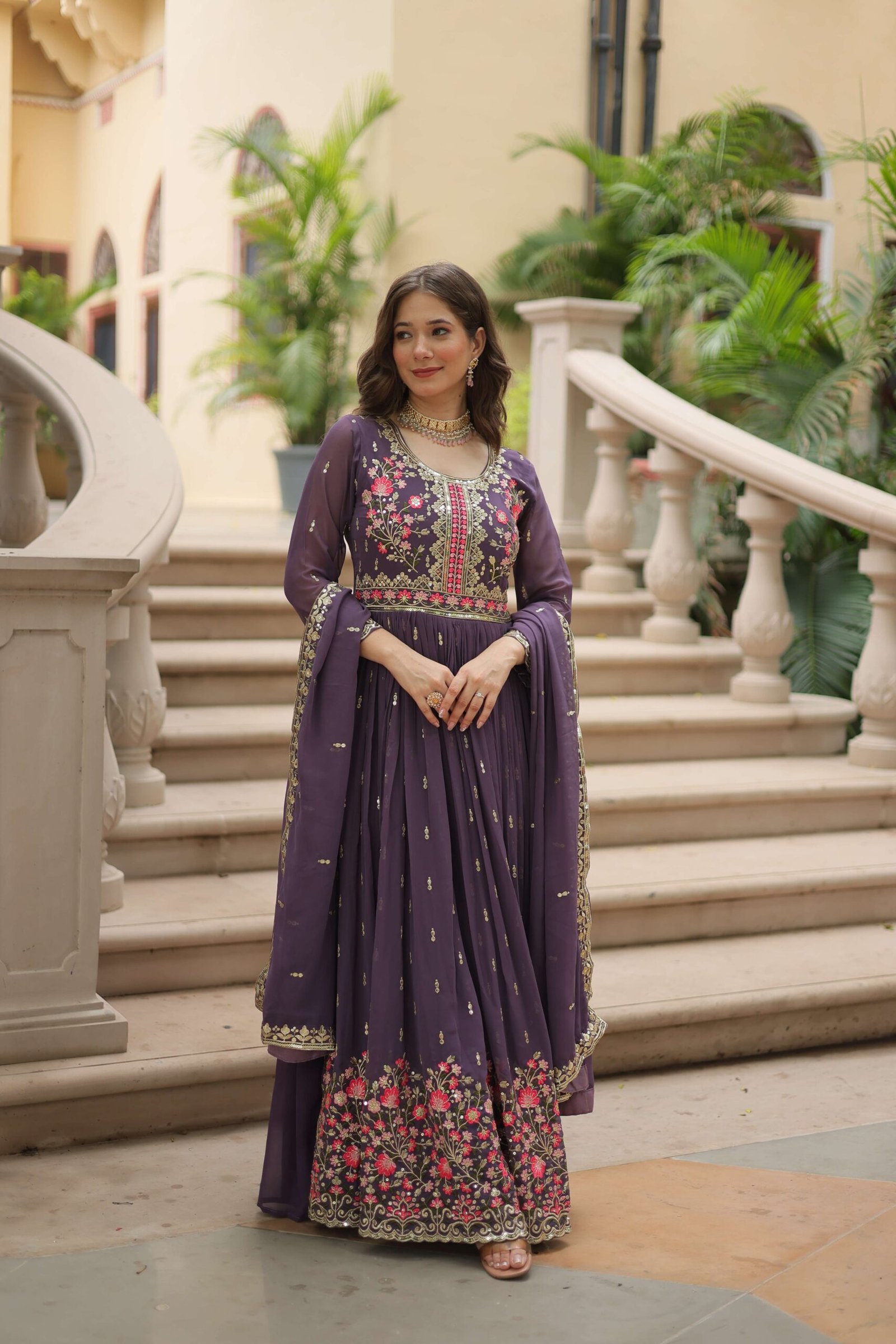 Onion Faux Georgette Sequins Embroidered Kurti with Sharara & Dupatta Set - Image 5