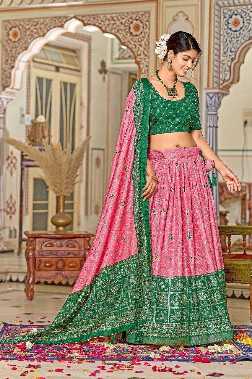 Pink Dola Silk Lehenga Choli with Green Blouse & Minakari Foil Print | Wedding & Festive Wear