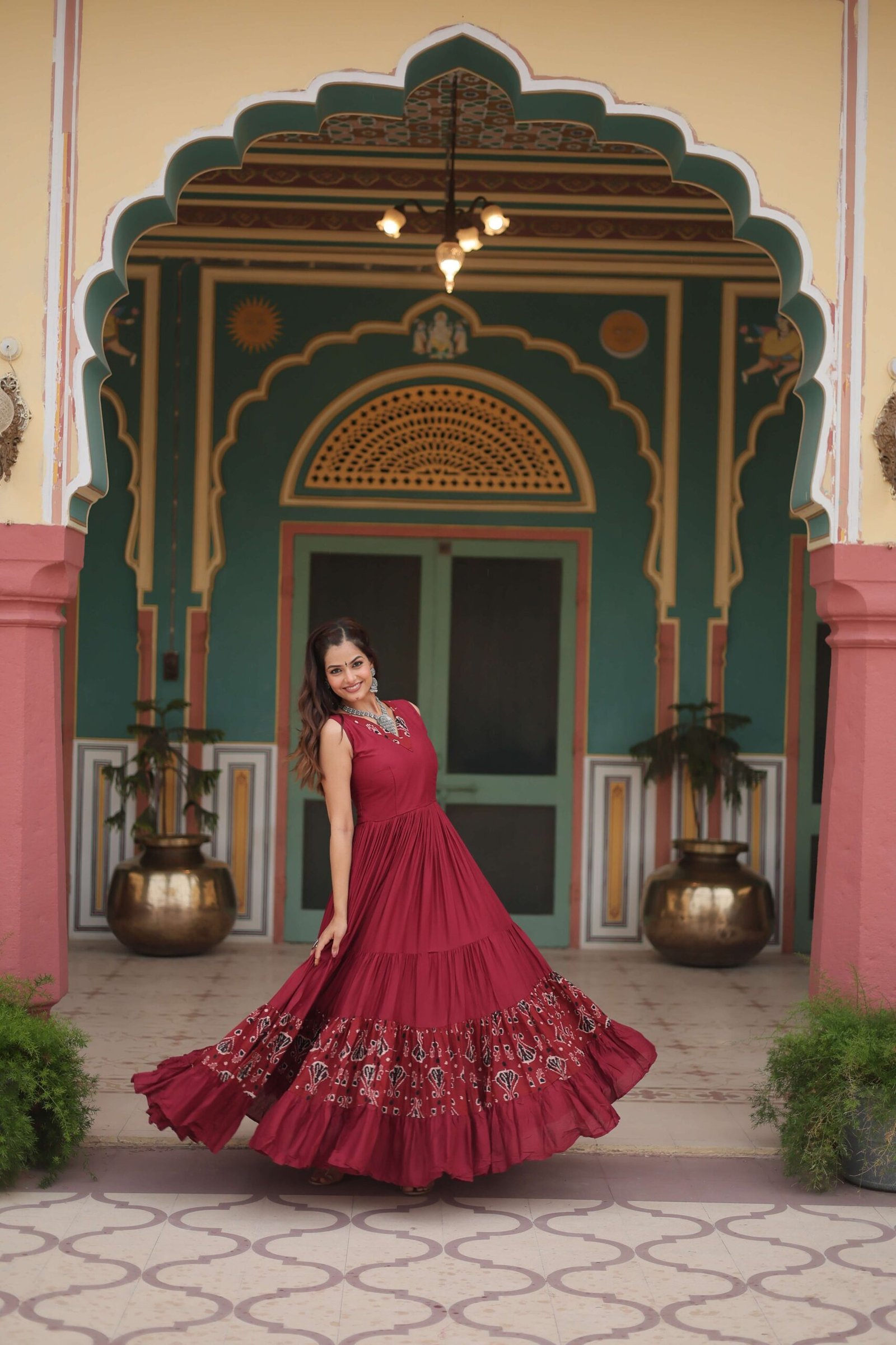 Maroon Designer Heavy Reyon Gown with Printed Frill & Fancy V-Neck - Image 7