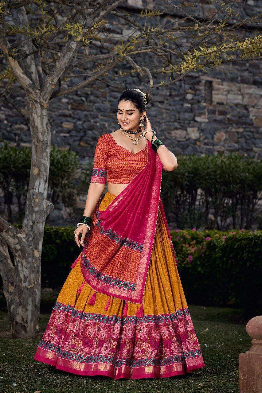 Red Tussar Silk Lehenga Choli with Yellow Blouse | Floral & Foil Print | Wedding & Festive Wear - Image 2