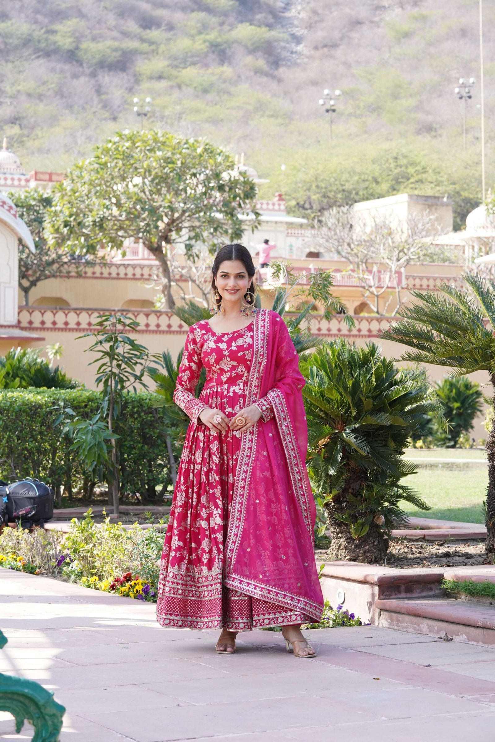 Pink Viscose Dyable Jacquard Gown with Russian Silk Sequined Dupatta ? Elegant Party & Wedding Set - Image 2