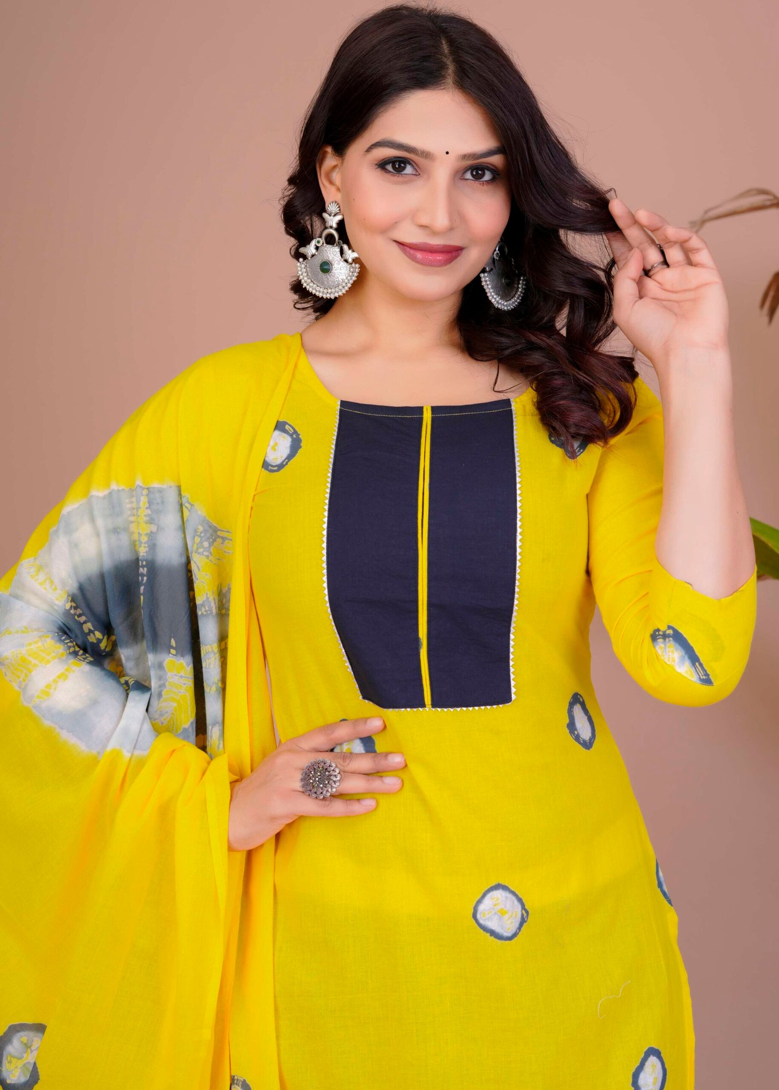 Women's Yellow & Navy Cotton Tie-Dye Straight Kurti with Pant & Dupatta Set - Image 6