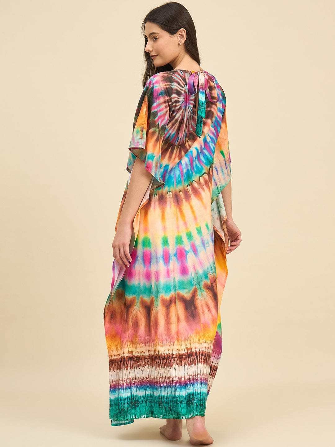 Women's Cotton Tie Dye Print Flowing Bell Sleeves Full Length Kaftan Drees Casual Beach Wear ( Turquoise Yellow ) - Image 2