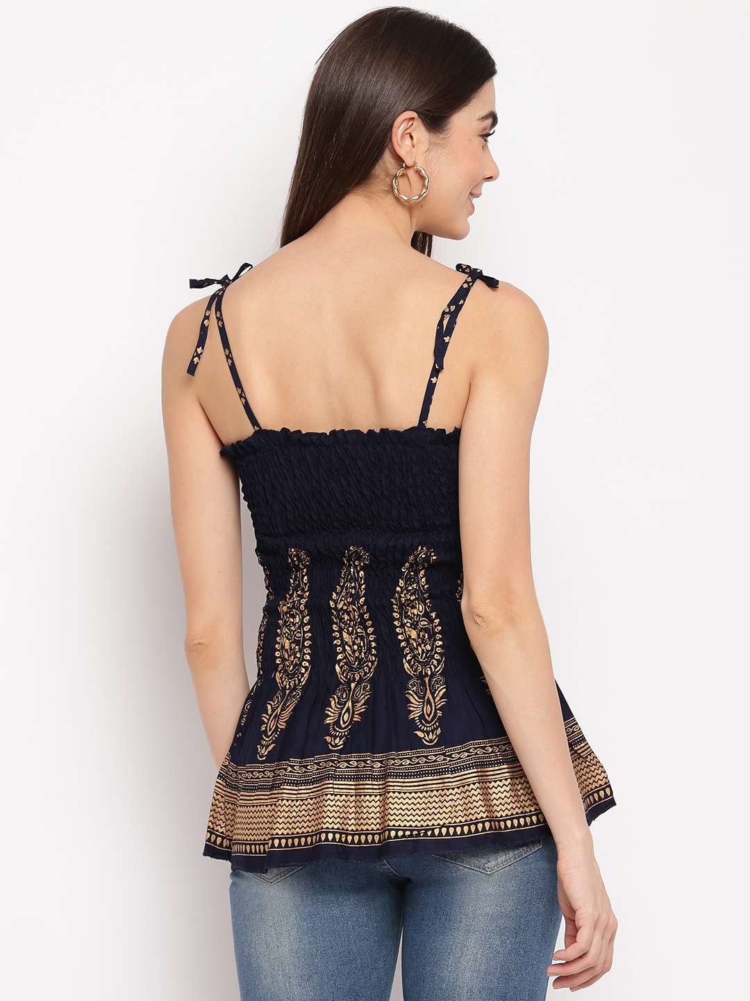 Women's Rayon Buta Printed Casual Summer Style Tie Shoulder Straps Free Size Tank Top ( Navy Blue Gold Pattern) - Image 2