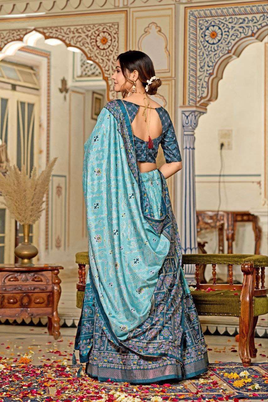 Teal Blue Dola Silk Lehenga Choli with Minakari Foil Print | Wedding & Festive Wear - Image 2