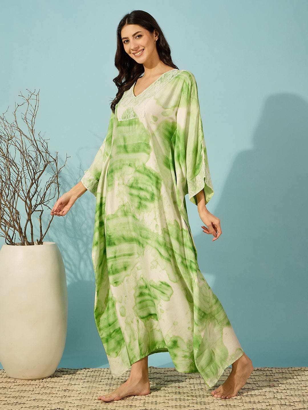 Women's Cotton Tie Dye Print Flowing Bell Sleeves Full Length Kaftan Drees Casual Beach Wear ( Green ) - Image 2
