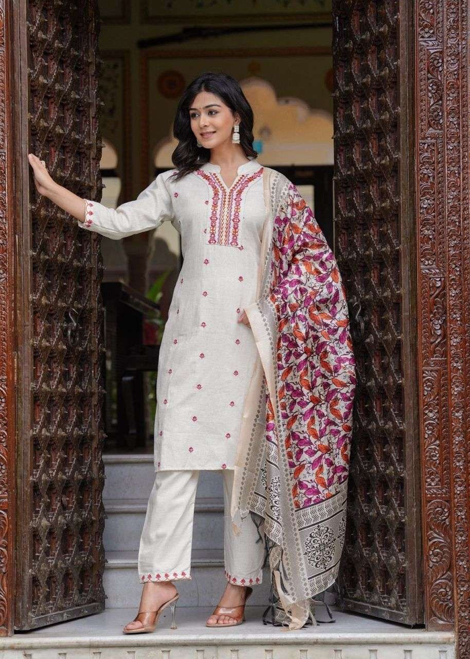 Women's Cotton Embroidered Straight Kurti With Pant and Dupatta Set - Image 4