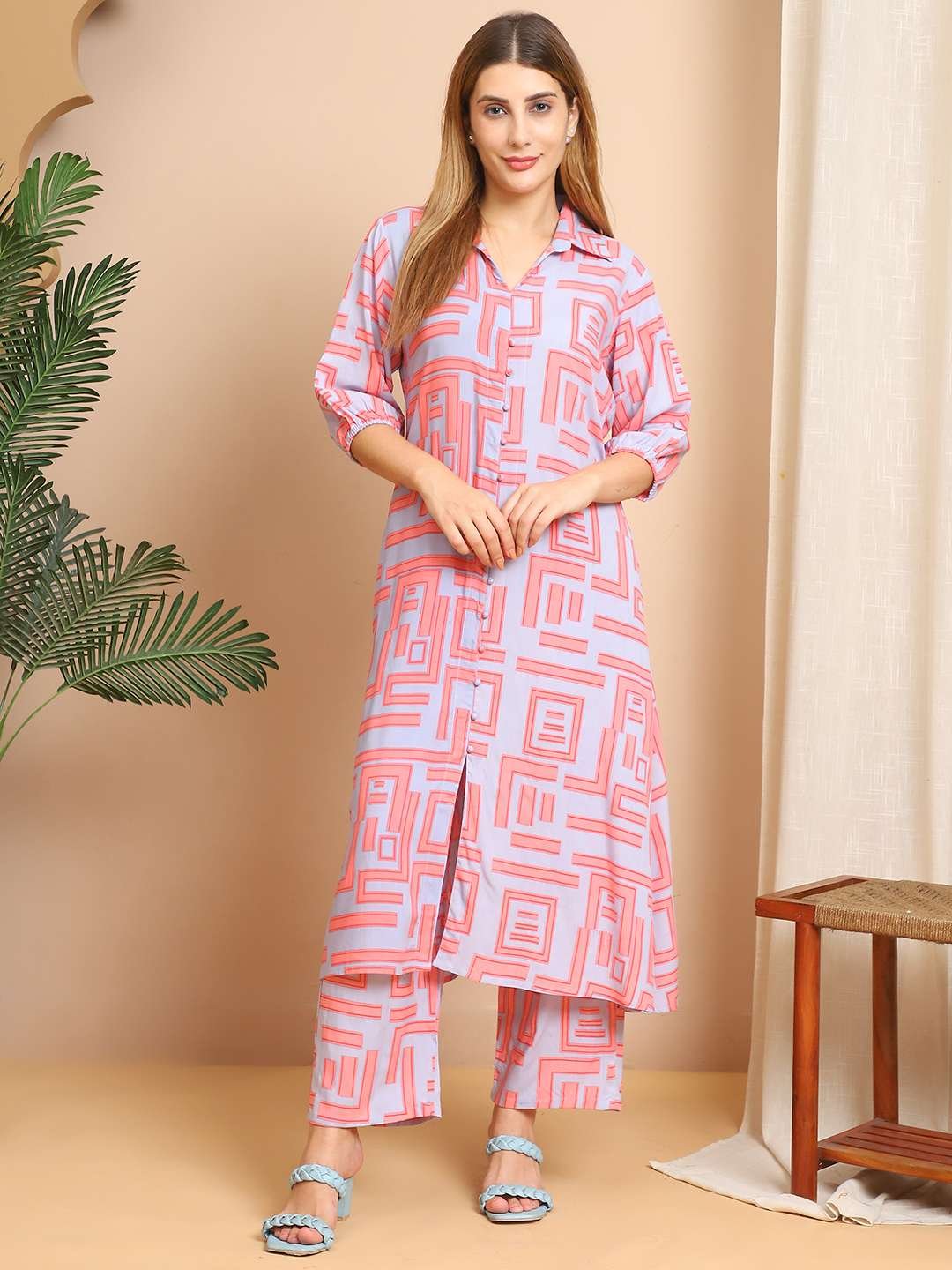 Women's Pure Cotton Printed Collared Top and Pant Co-ord Set (Pink Gr) - Image 8