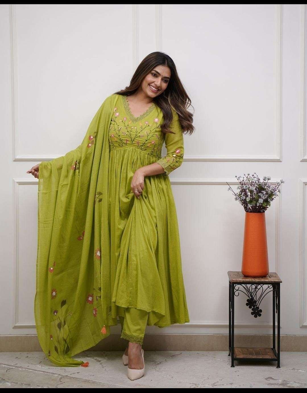 Women's Cotton Embroidered Long Anarkali Kurti With Pant and Dupatta Set - Image 3