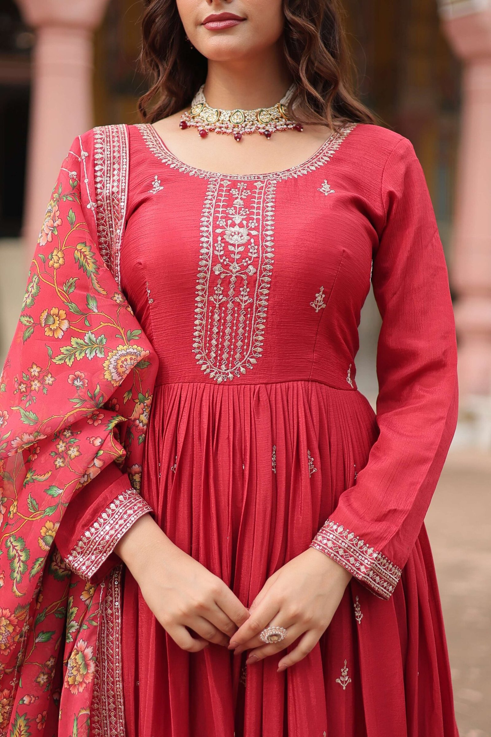 Maroon Designer Chinon Sequins Embroidered Gown with Kalamkari Silk Dupatta - Image 7
