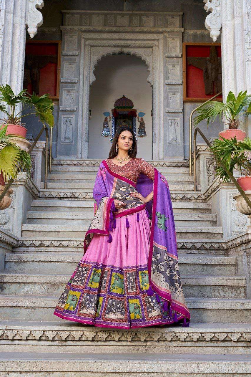 Purple Tussar Silk Lehenga Choli with Baby Pink Blouse | Kalamkari & Foil Work | Wedding & Festive Wear - Image 2