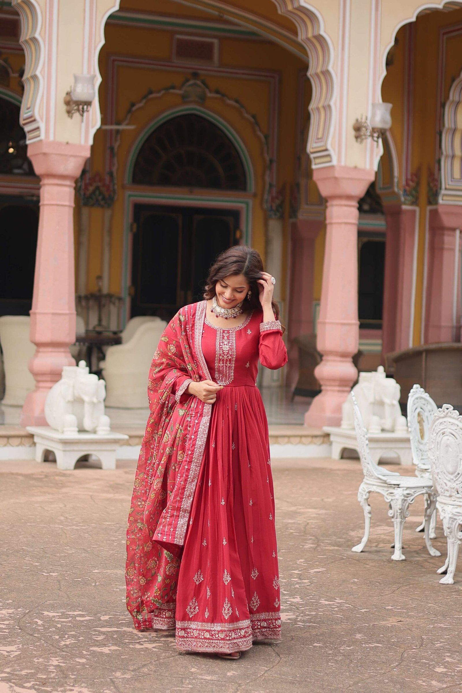 Maroon Designer Chinon Sequins Embroidered Gown with Kalamkari Silk Dupatta - Image 8