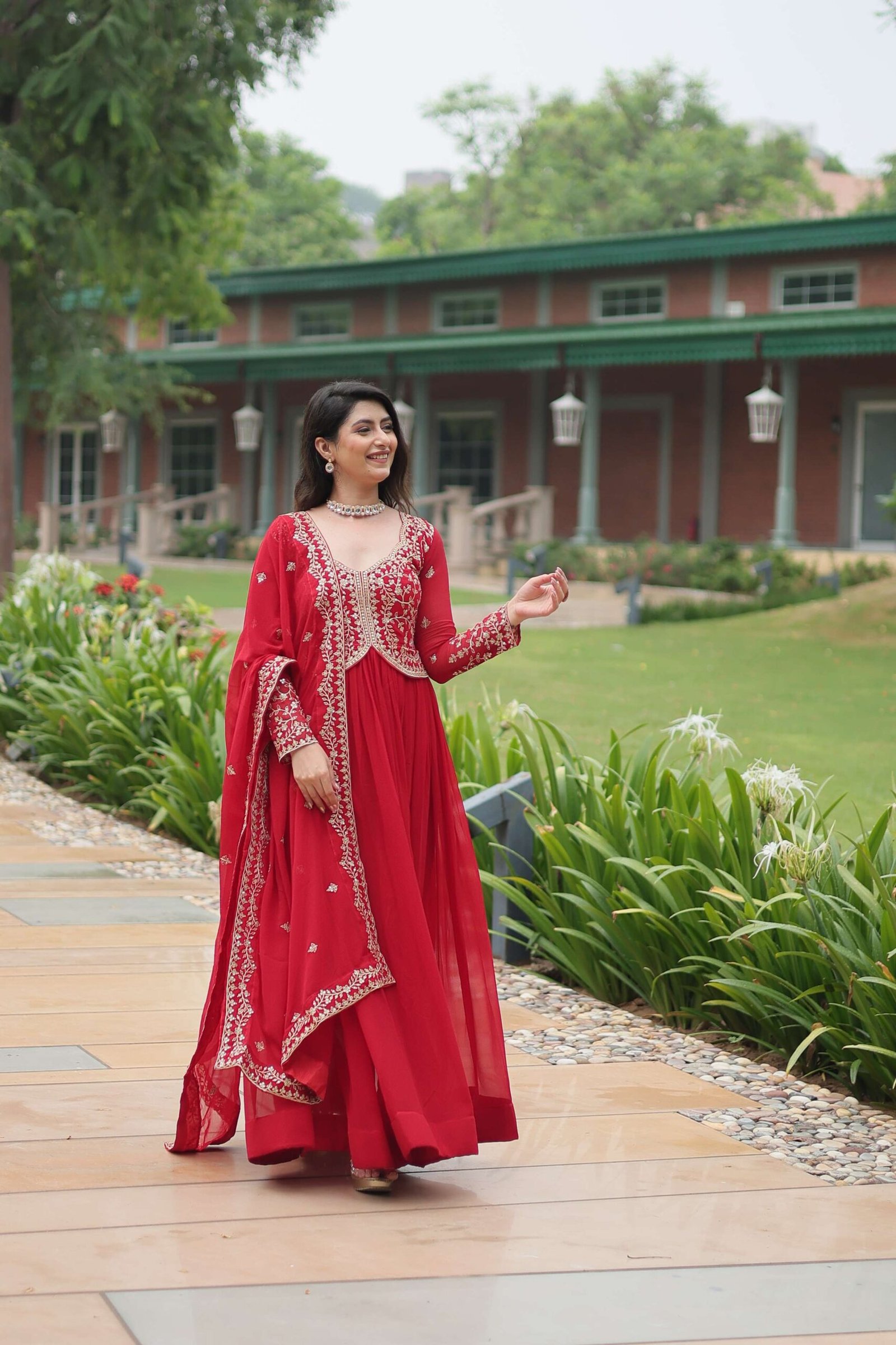 Red Faux Blooming Sequins & Zari Embroidered Gown with Matching Dupatta