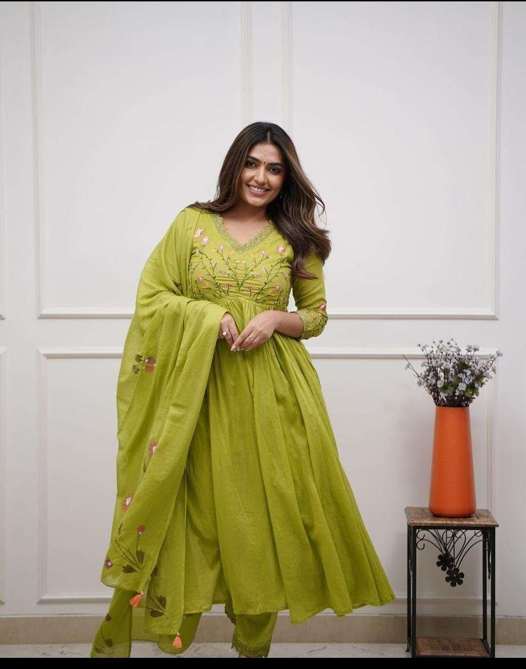 Women's Cotton Embroidered Long Anarkali Kurti with pant and Dupatta Set - Image 2