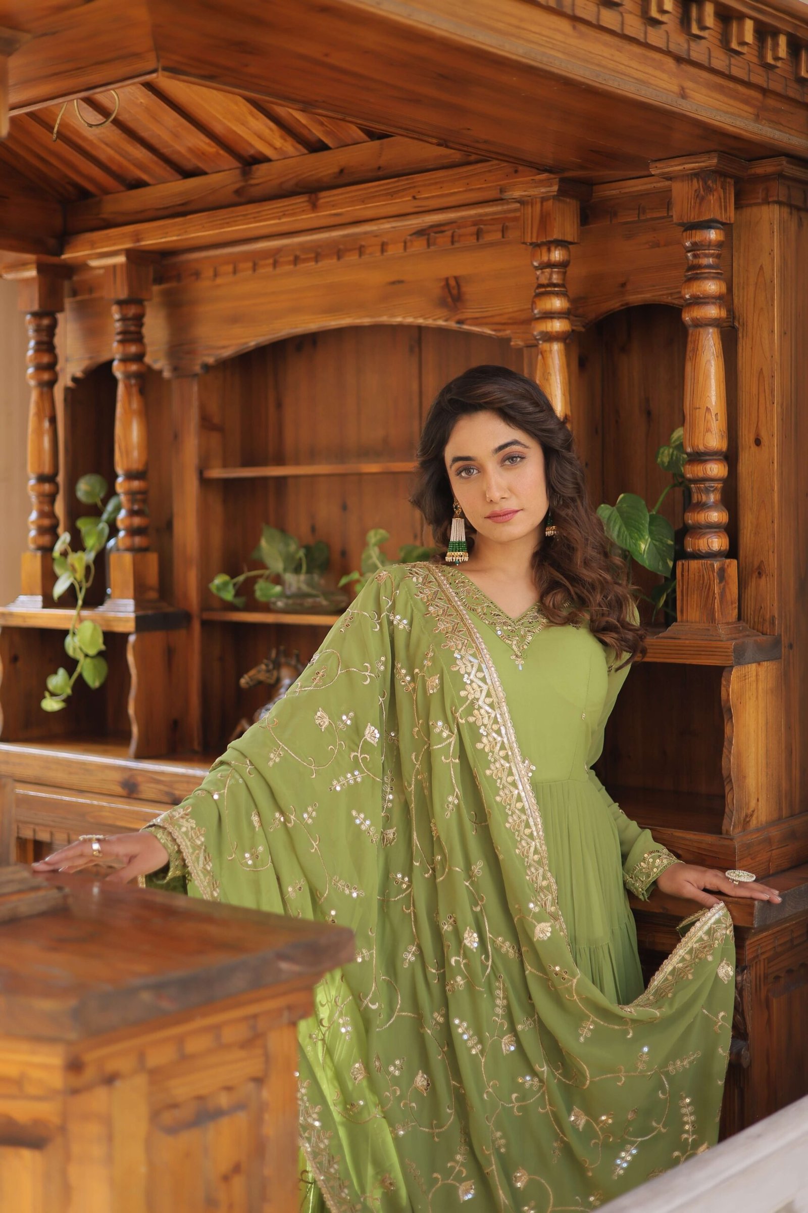 Green Faux Georgette Designer Gown with Sequined Dupatta ? Fully Flared Elegant Ready-to-Wear Set - Image 7