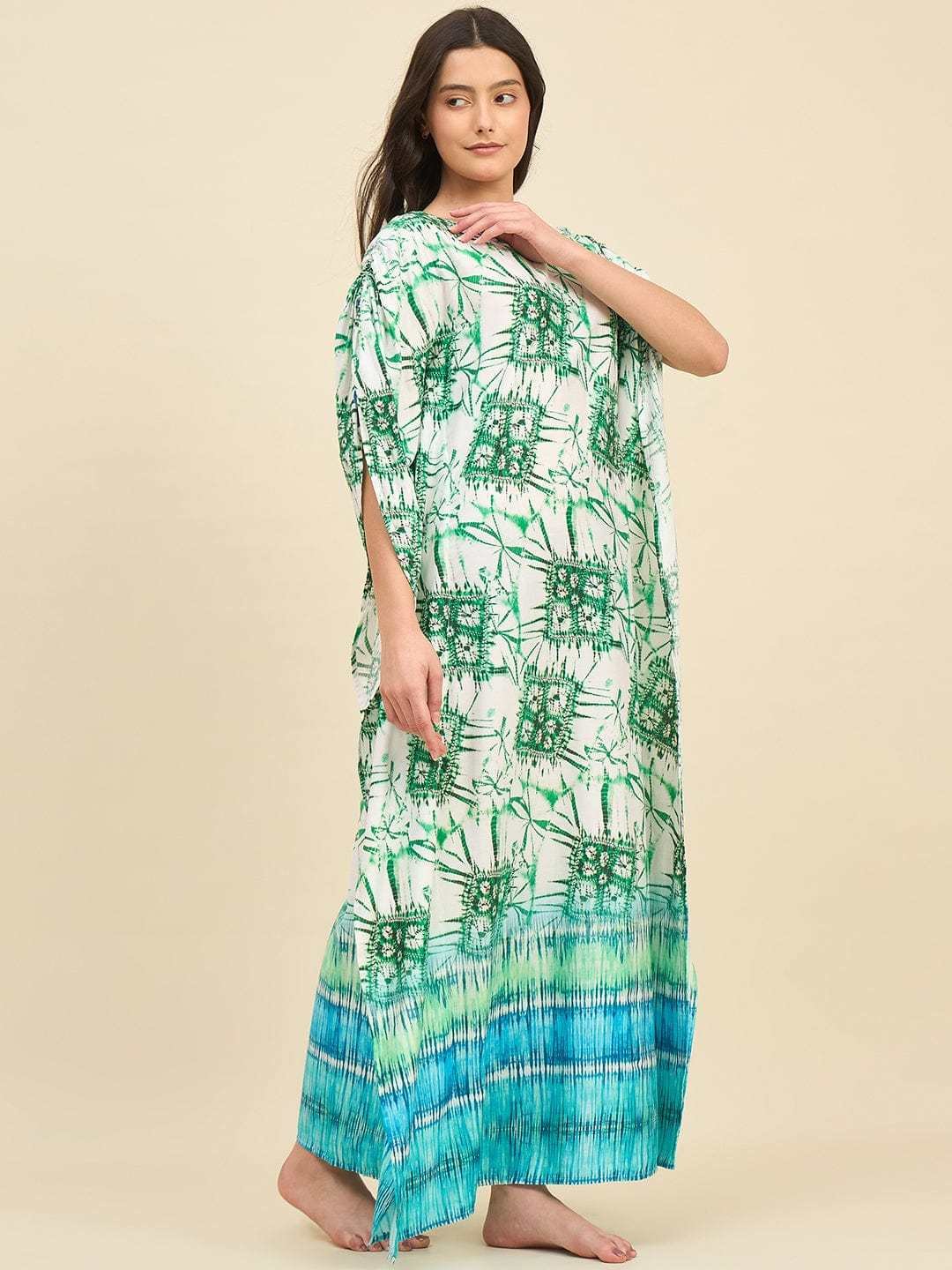 Women's Cotton Tie Dye Print Flowing Bell Sleeves Full Length Kaftan Drees Casual Beach Wear ( Green White ) - Image 5