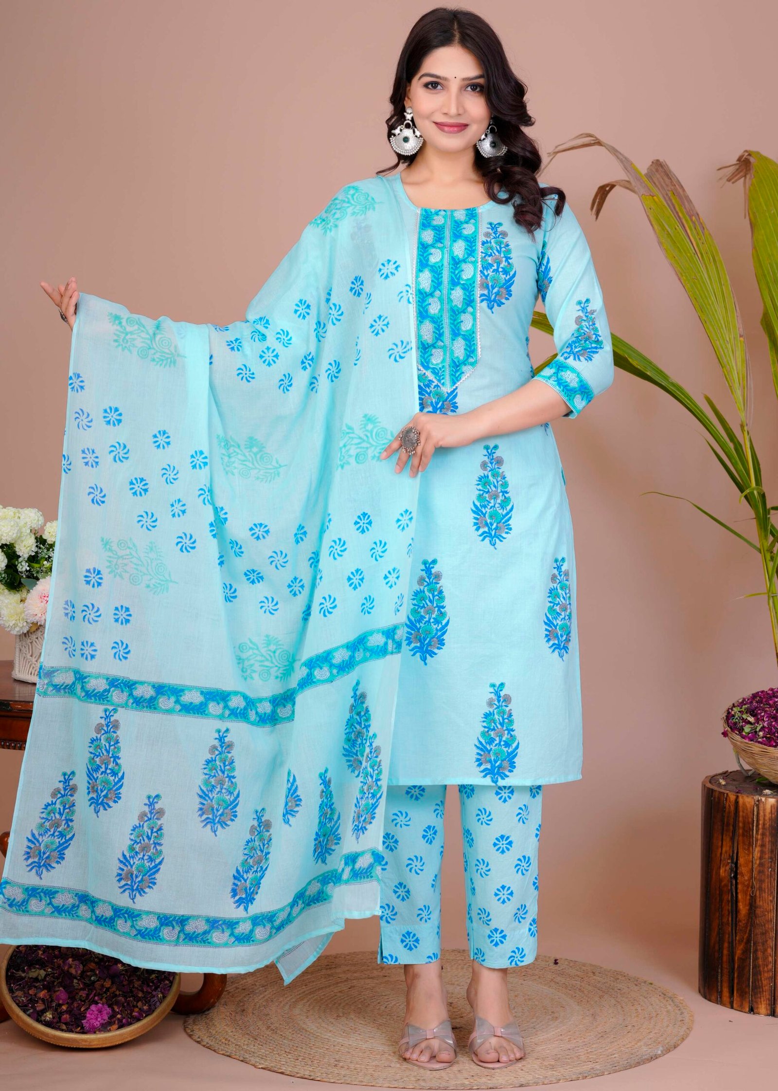 Women's Light Blue Cotton Printed Straight Kurti with Pant & Dupatta Set