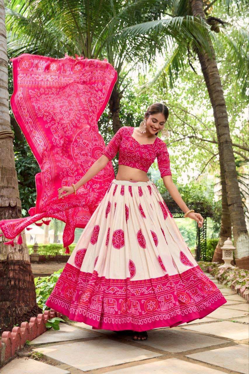 White Dola Silk Lehenga Choli with Pink Blouse | Bandhej & Patola Print | Wedding & Festive Wear - Image 4