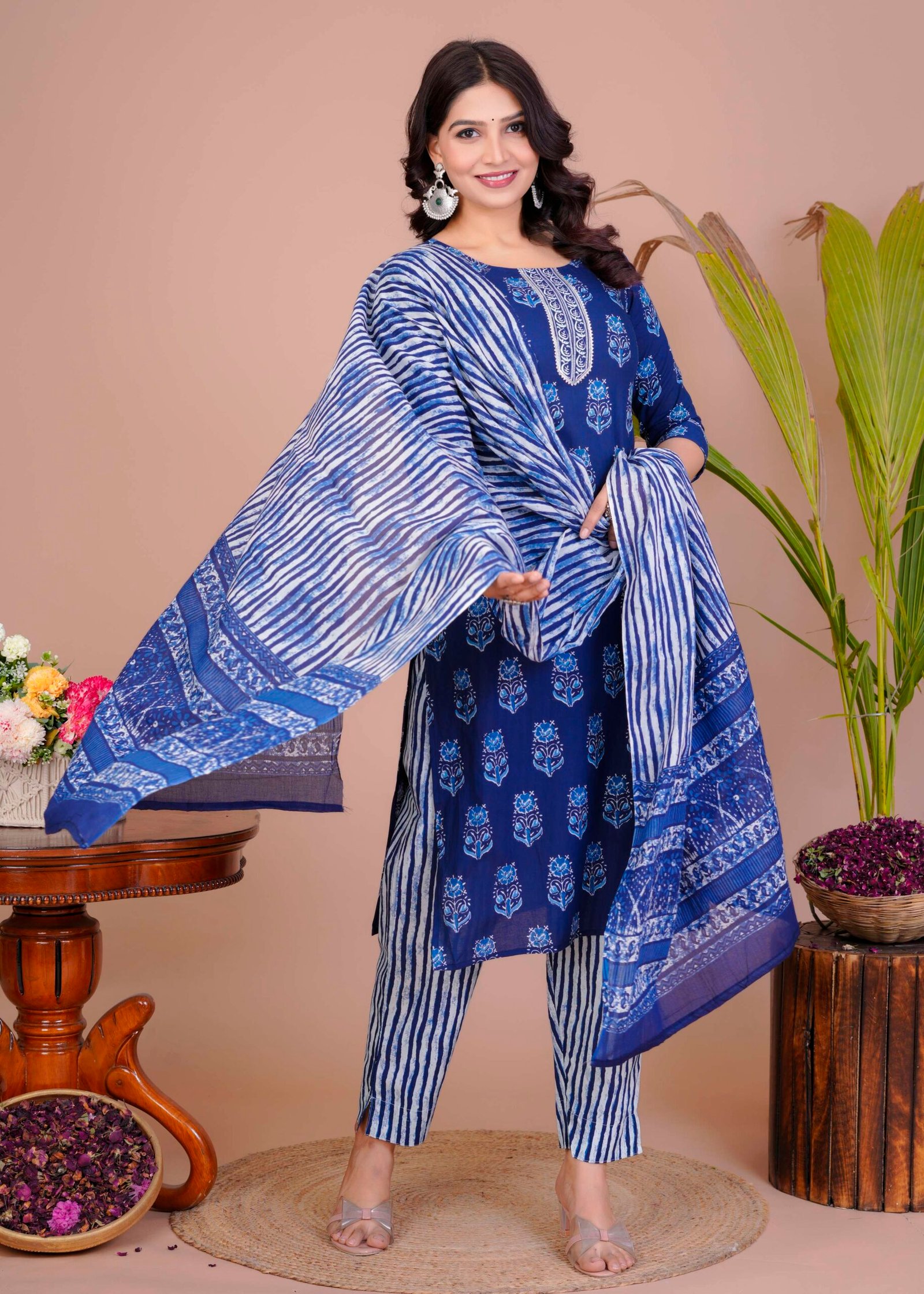 Women's Blue Cotton Printed Straight Kurti with Pant & Dupatta Set - Image 2