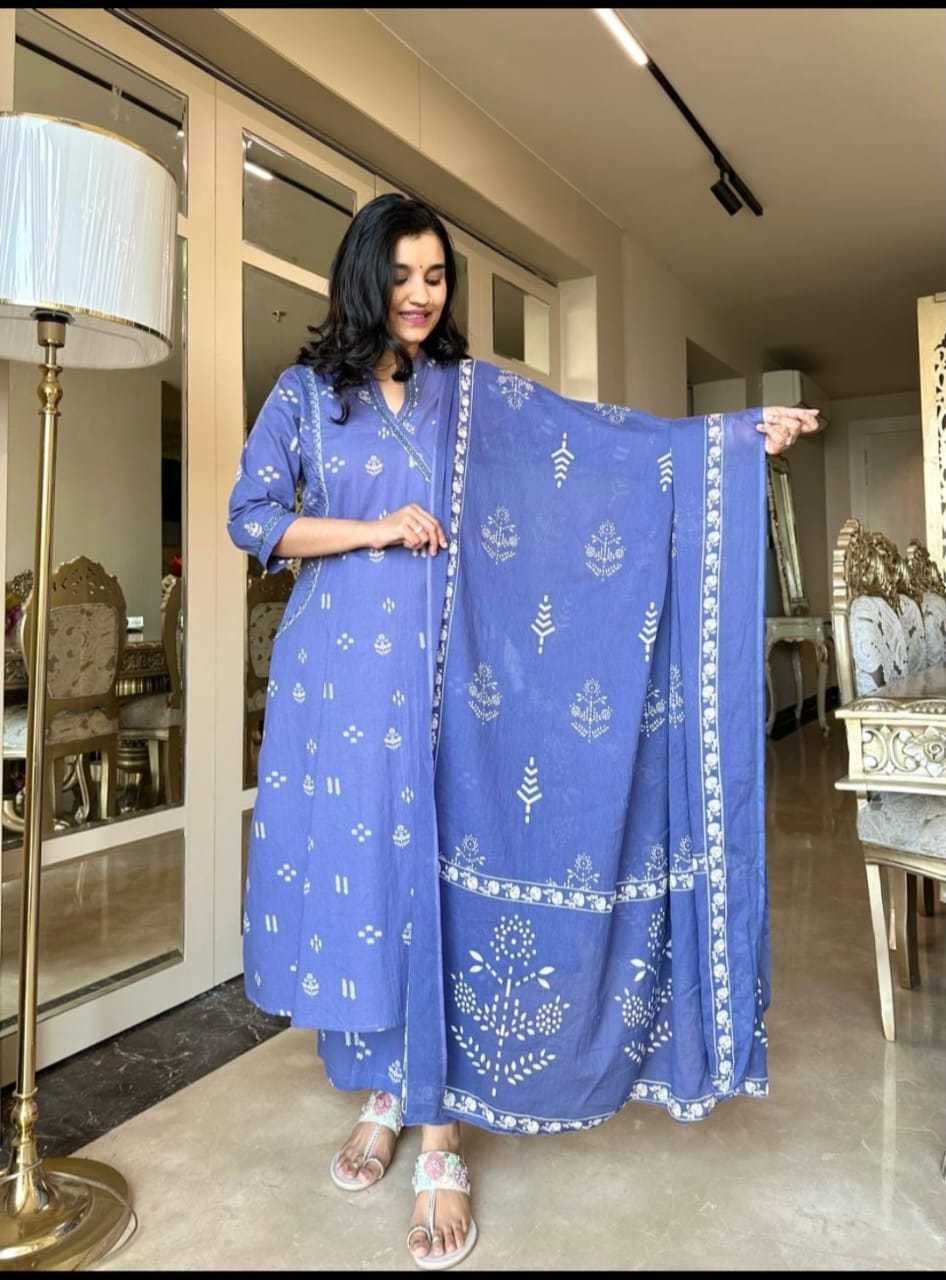 Women's Cotton Embroidered Anarkali Kurti with Pant and Dupatta Set