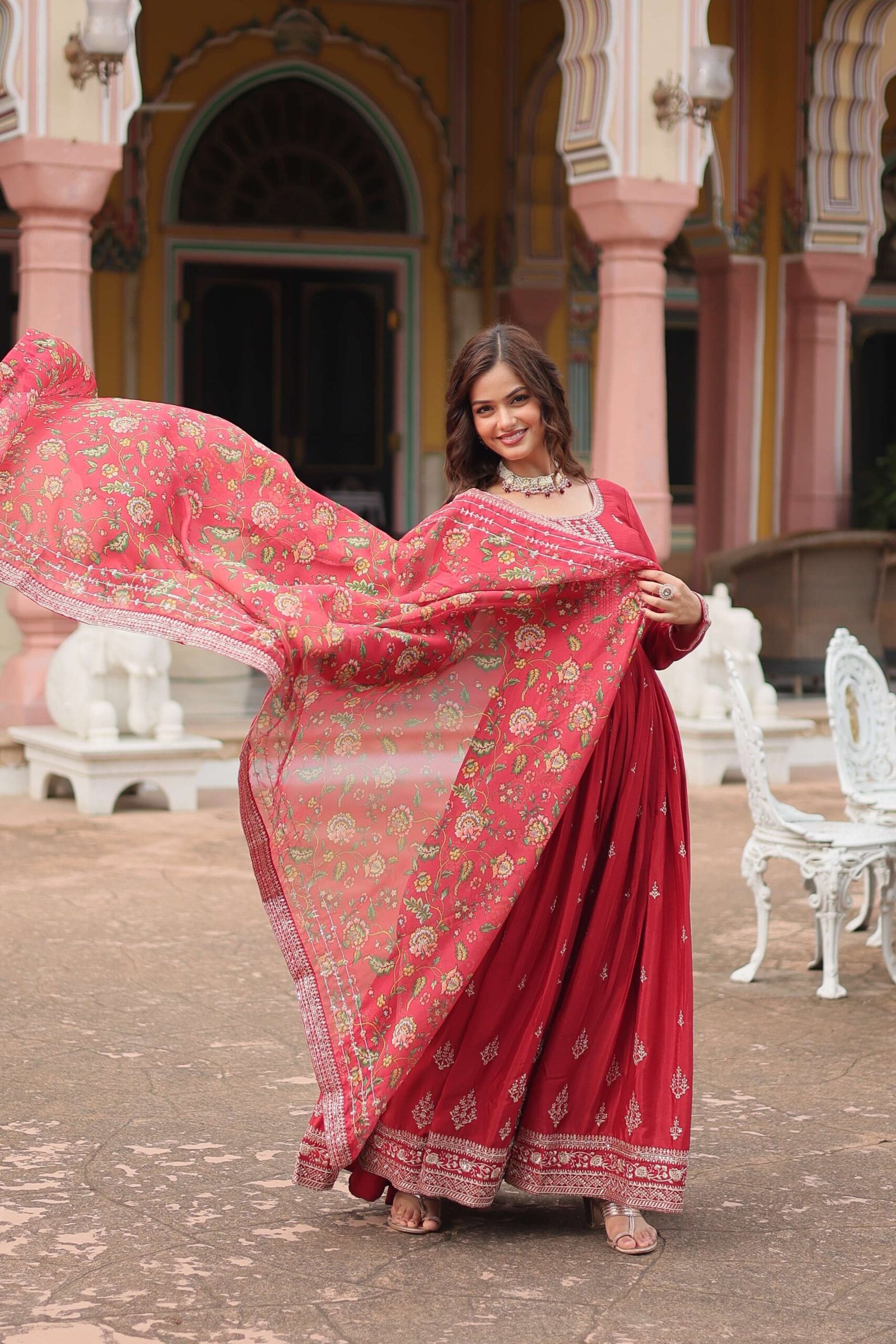 Maroon Designer Chinon Sequins Embroidered Gown with Kalamkari Silk Dupatta - Image 5