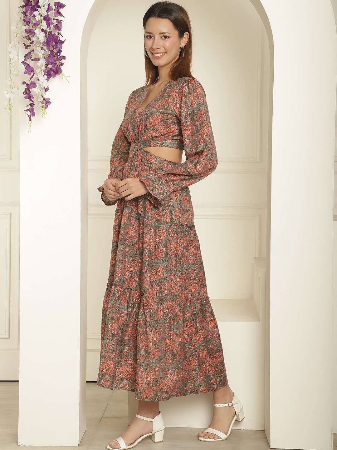 Women's Silk Printed V-Neck Long Bell Sleeves Tiered Maxi Dress Gown (Brown)