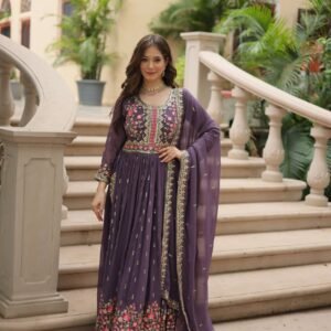 Onion Faux Georgette Sequins Embroidered Kurti with Sharara & Dupatta Set