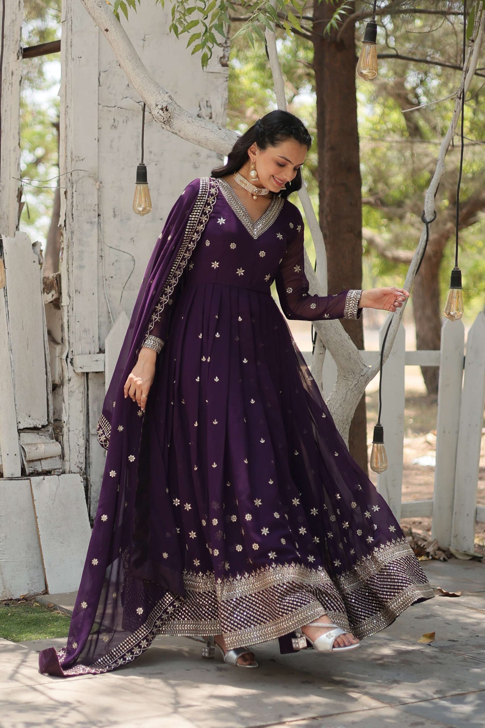Purple Designer Faux Blooming Anarkali Gown with Sequins Embroidered Dupatta ? Wedding & Festive Wear - Image 7