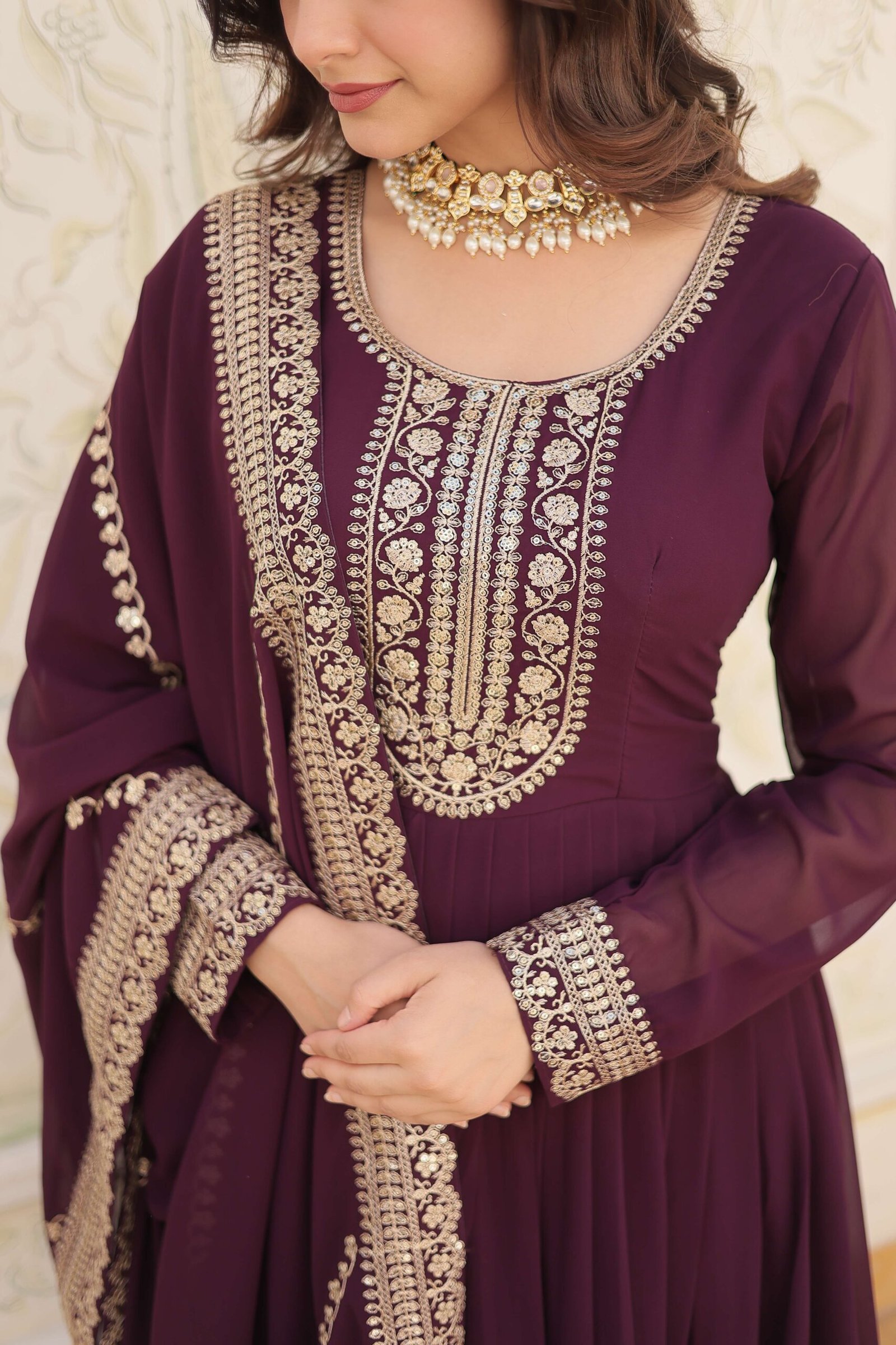 Wine Faux Blooming Sequins Embroidered Gown with Matching Dupatta ? Festive & Party Wear 2024