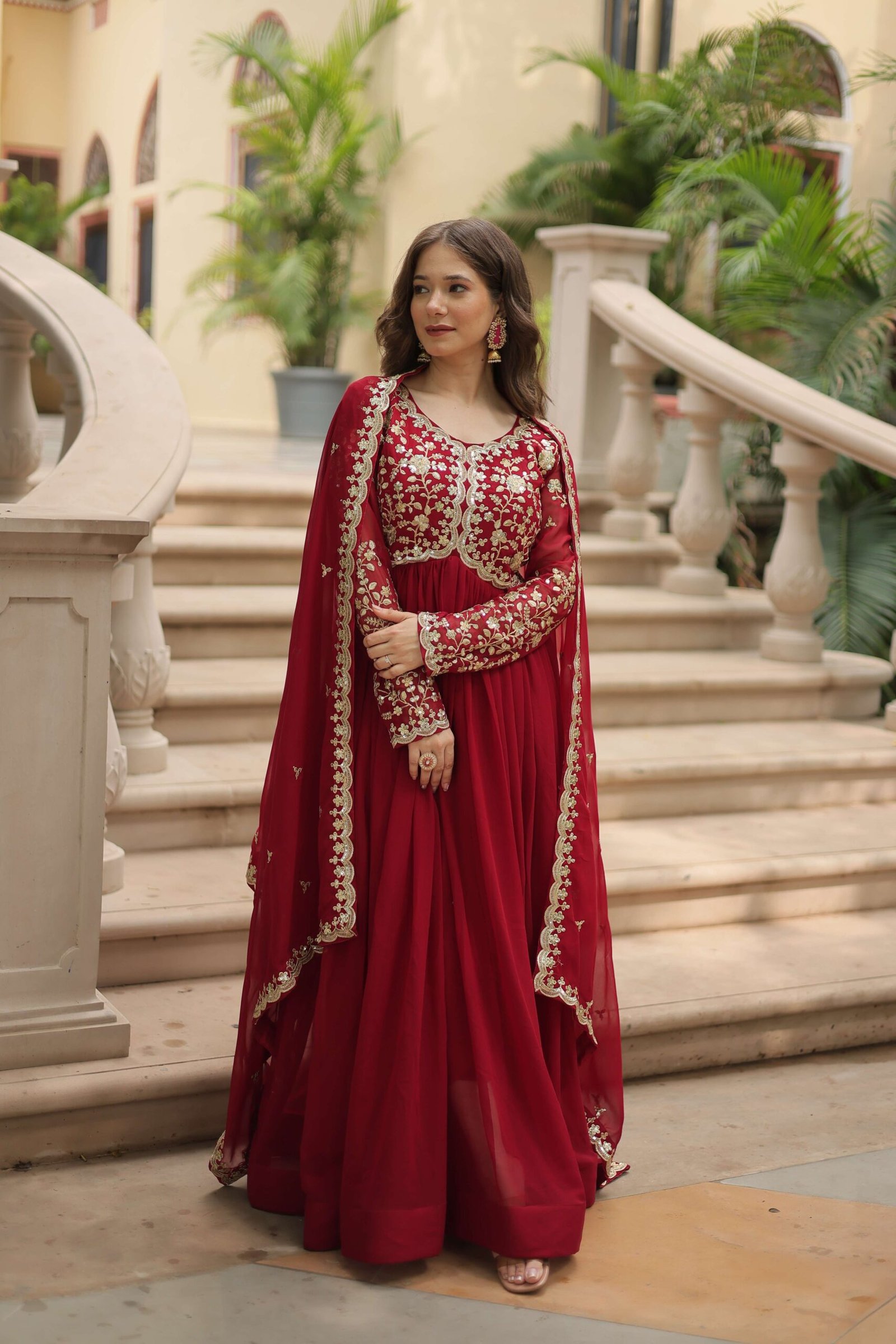 Maroon Faux Blooming Sequins & Zari Embroidered Gown with Matching Dupatta - Image 4
