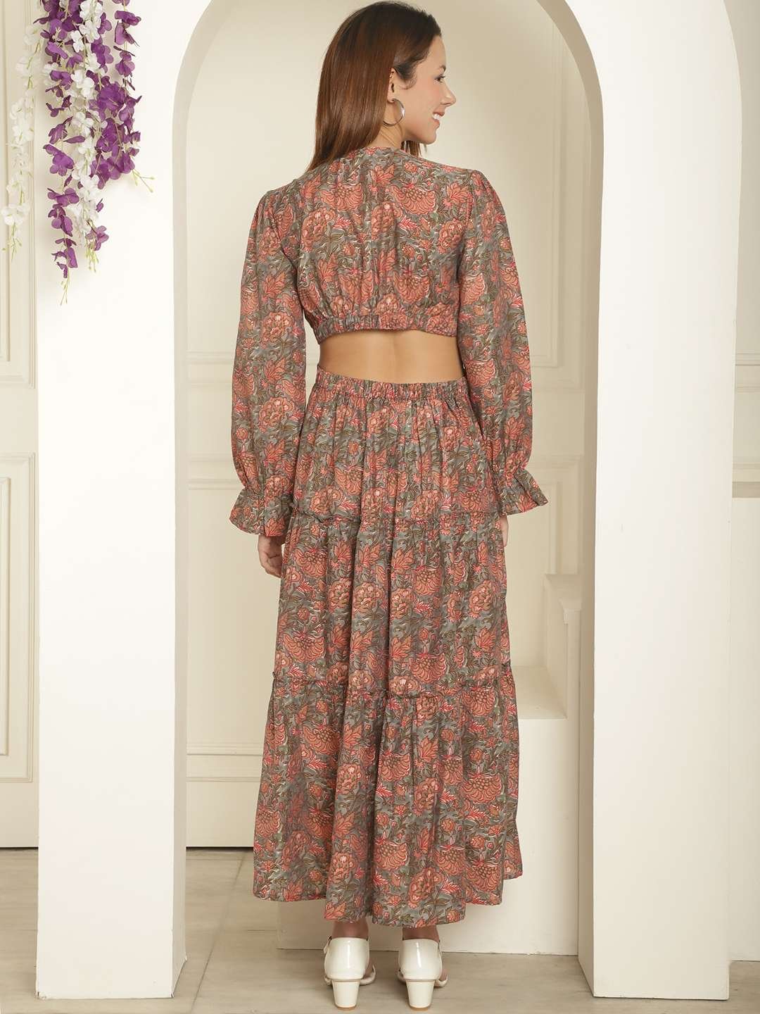 Women's Silk Printed V-Neck Long Bell Sleeves Tiered Maxi Dress Gown (Brown) - Image 2