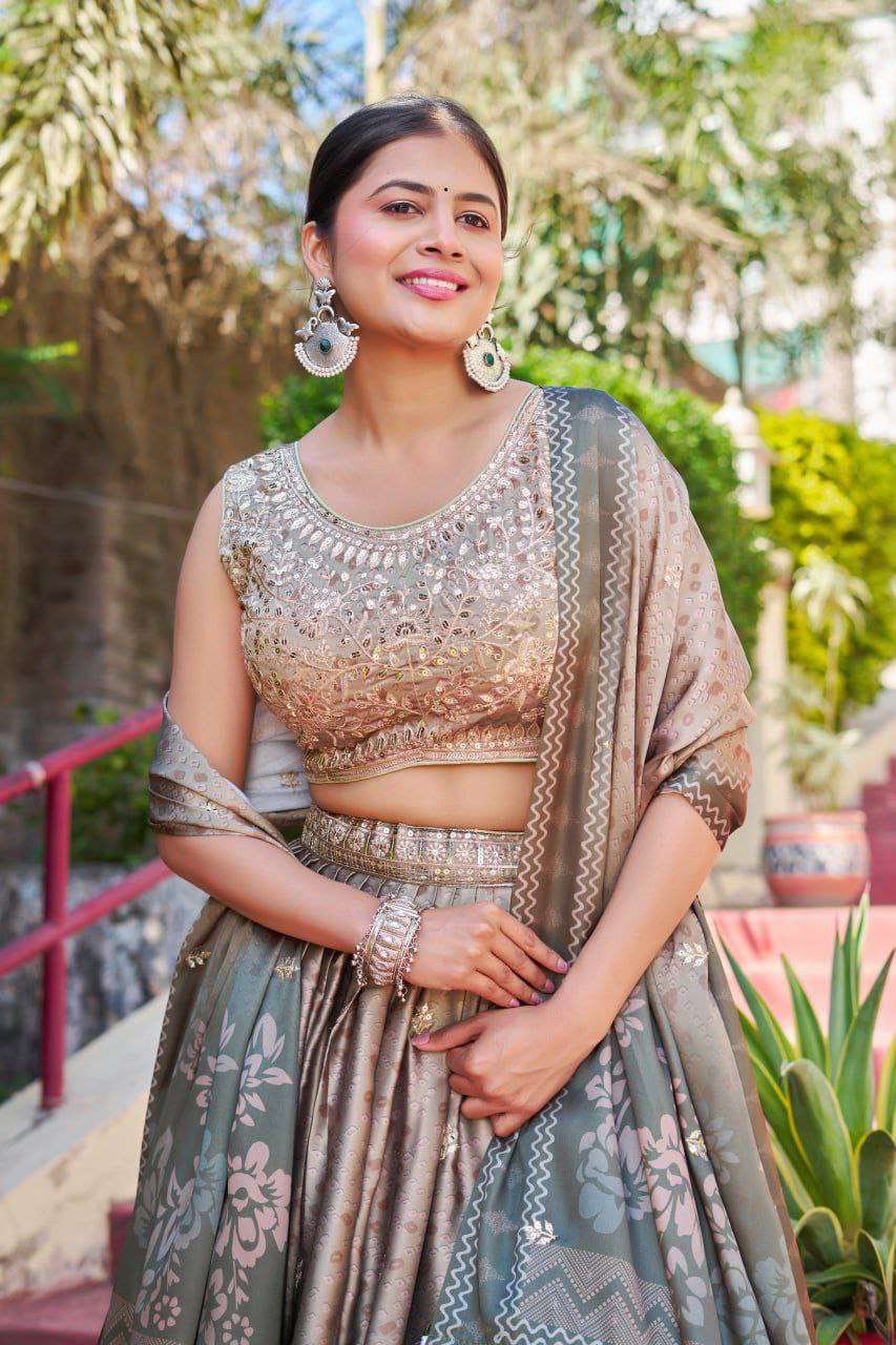 Greyish Maslin Sarting Lehenga Choli with Golden Blouse | Digital Print & Embroidery Work | Wedding & Festive Wear - Image 2