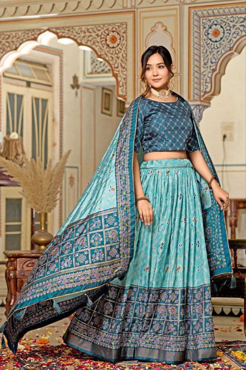 Teal Blue Dola Silk Lehenga Choli with Minakari Foil Print | Wedding & Festive Wear