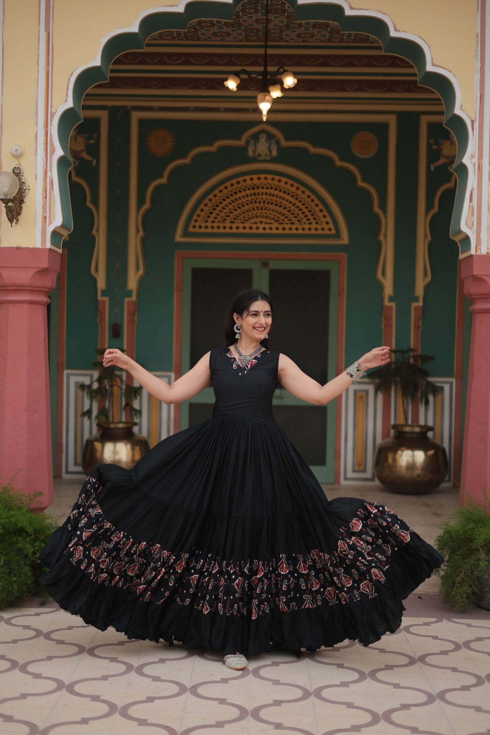 Black Designer Heavy Reyon Gown with Printed Frill & Fancy V-Neck - Image 5