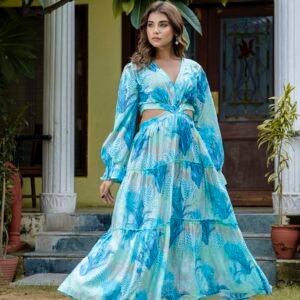 Women's Silk Printed V-Neck Long Bell Sleeves Tiered Maxi Dress Gown