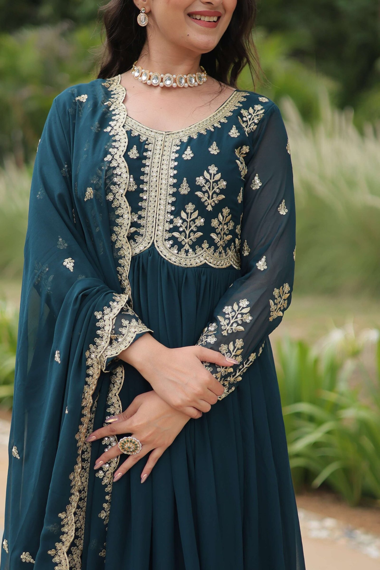 Teal-Blue Elegant Kutchi Gamthi Work Reyon Gown with Heavy Flair - Image 4