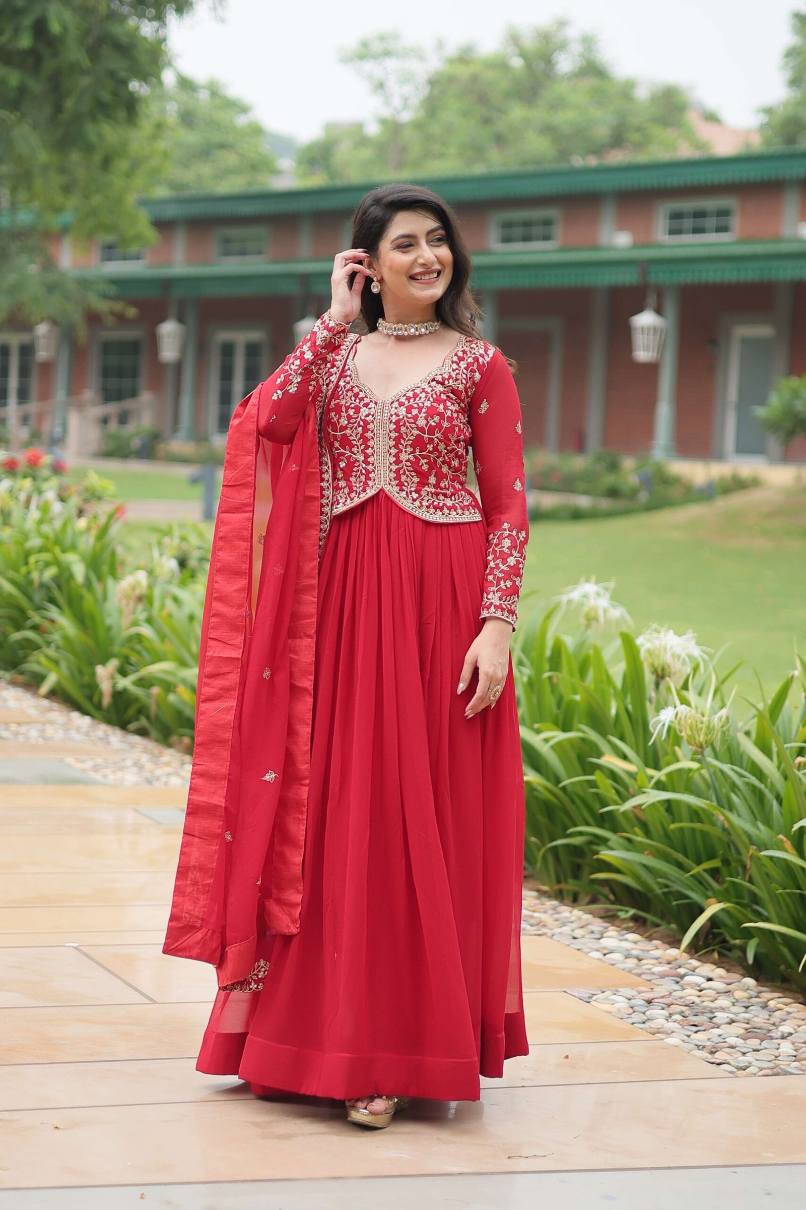 Red Faux Blooming Sequins & Zari Embroidered Gown with Matching Dupatta - Image 4