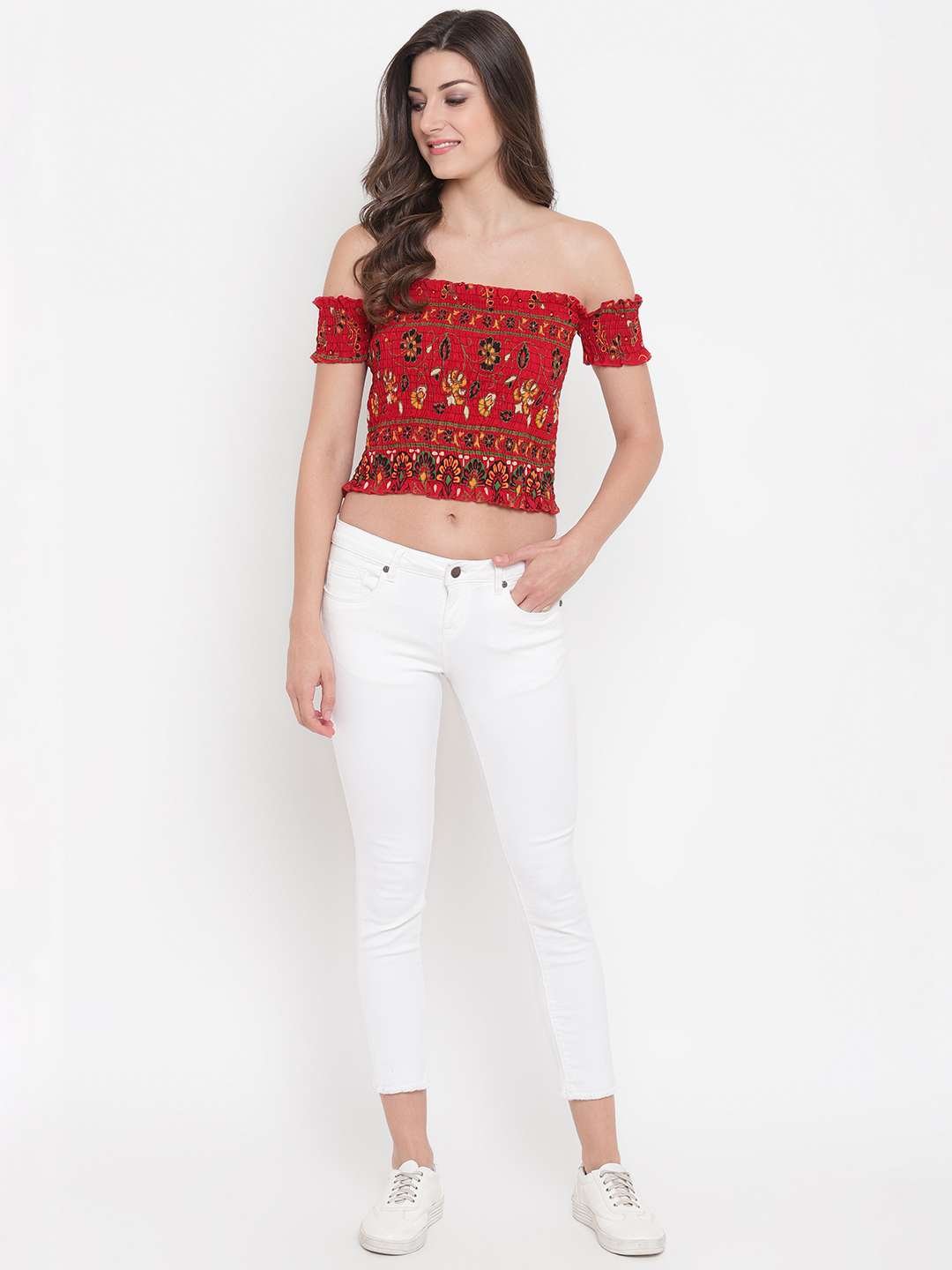 Women's Rayon Printed Off-Shoulder Smocked Crop Top Short Sleeve Casual Styles Tank Top (FREE SIZE) Multi6 - Image 3