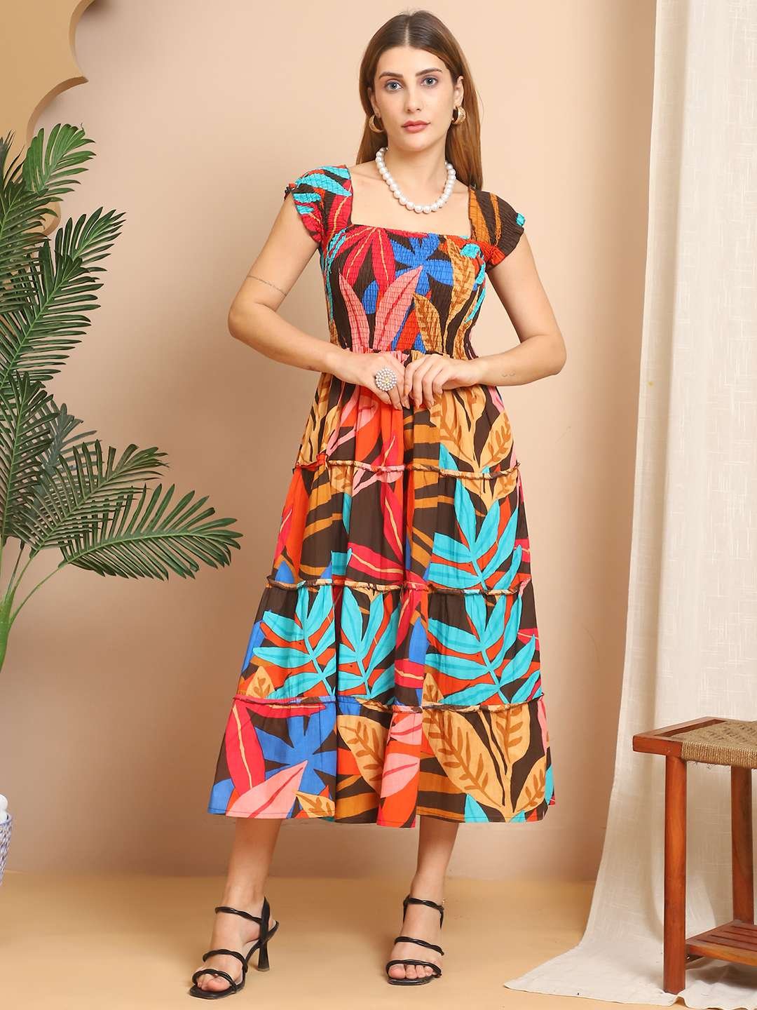 Women's Viscos Rayon Printed Off Shoulder Midi Dress For Summer And Casual Wear (Multti Color1) - Image 7