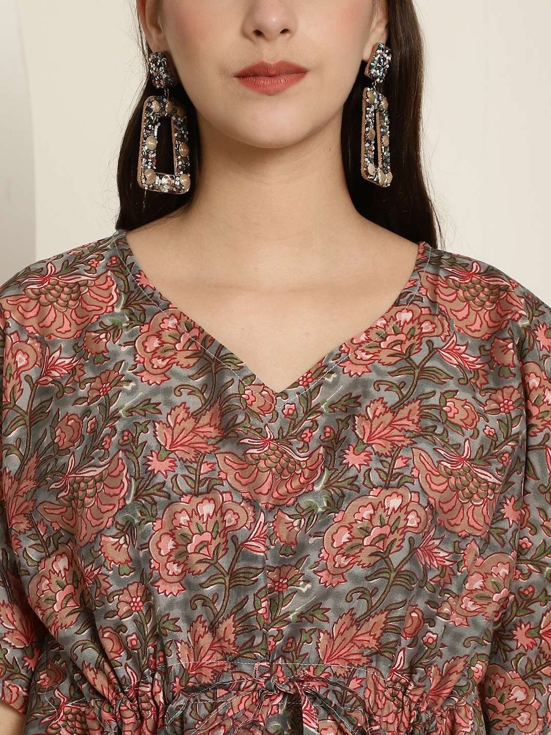Women's Chanderi Printed Kaftan Top With Bell Sleeve Dress (Multti Color2) - Image 5