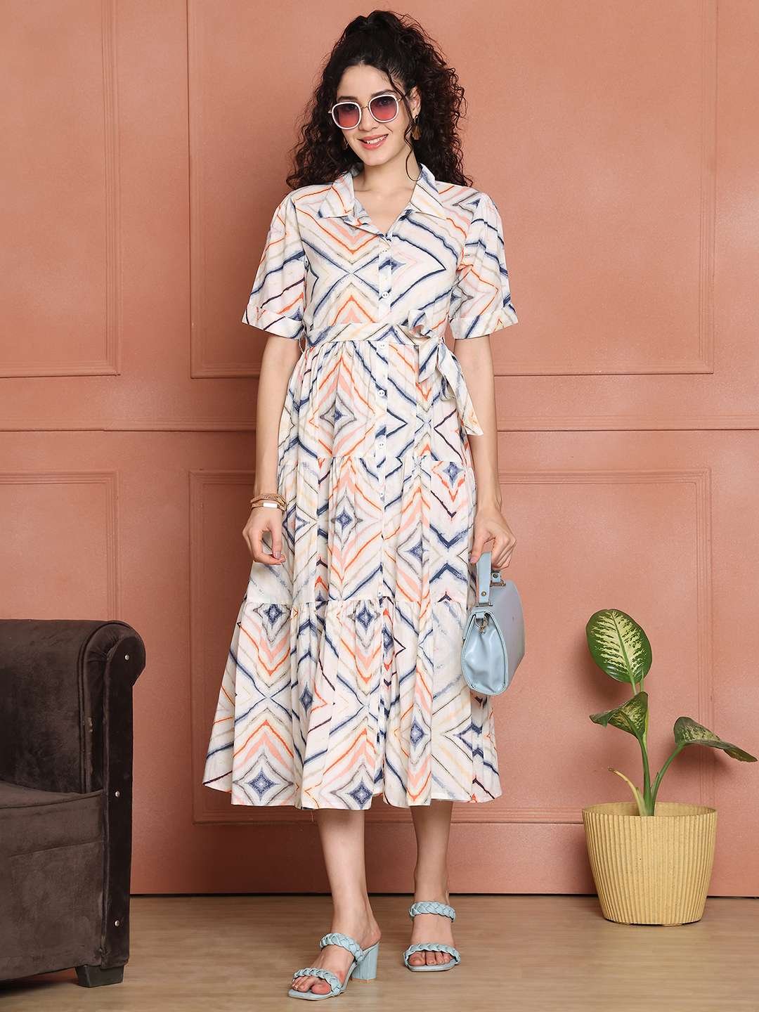 Women's Cotton Printed A-Line Midi Dress | Short Sleeve Flared Gown Dress (White) - Image 4