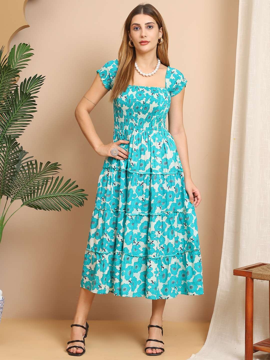 Women's Viscos Rayon Printed Off Shoulder Midi Dress For Summer And Casual Wear (Blue Floral) - Image 6