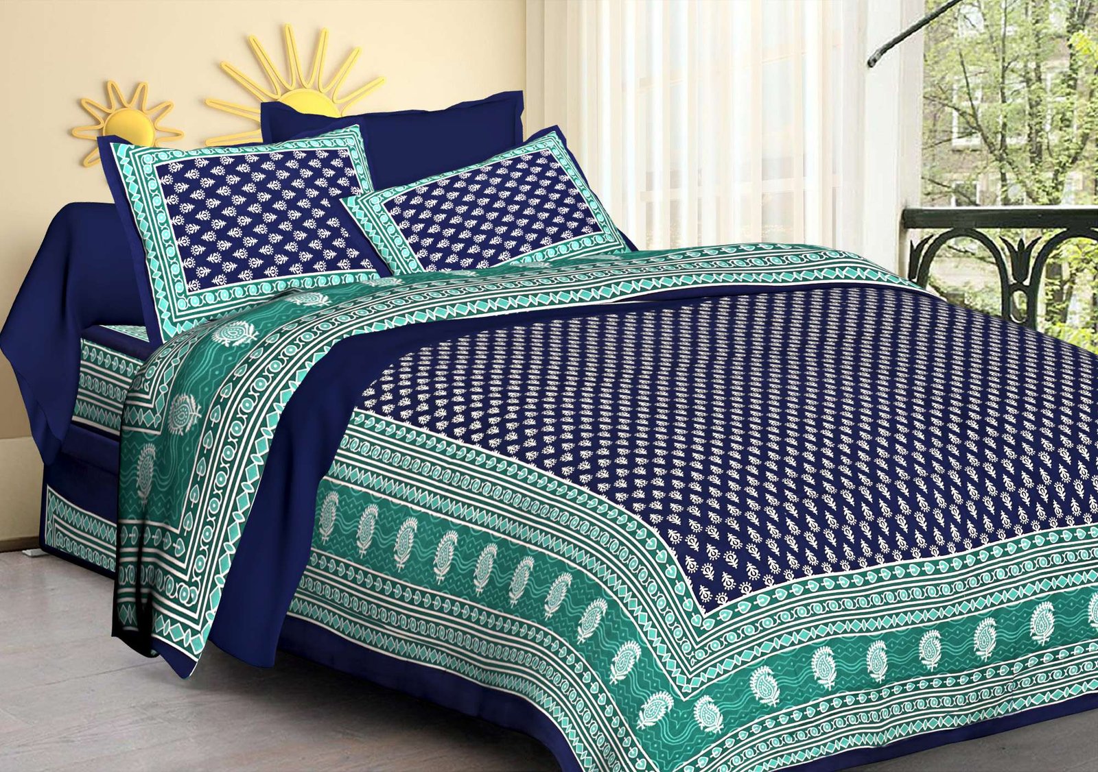 Rajasthani Traditionally Printed Cotton Doublebed Bedsheet With Pack of 2 Pillow Covers
