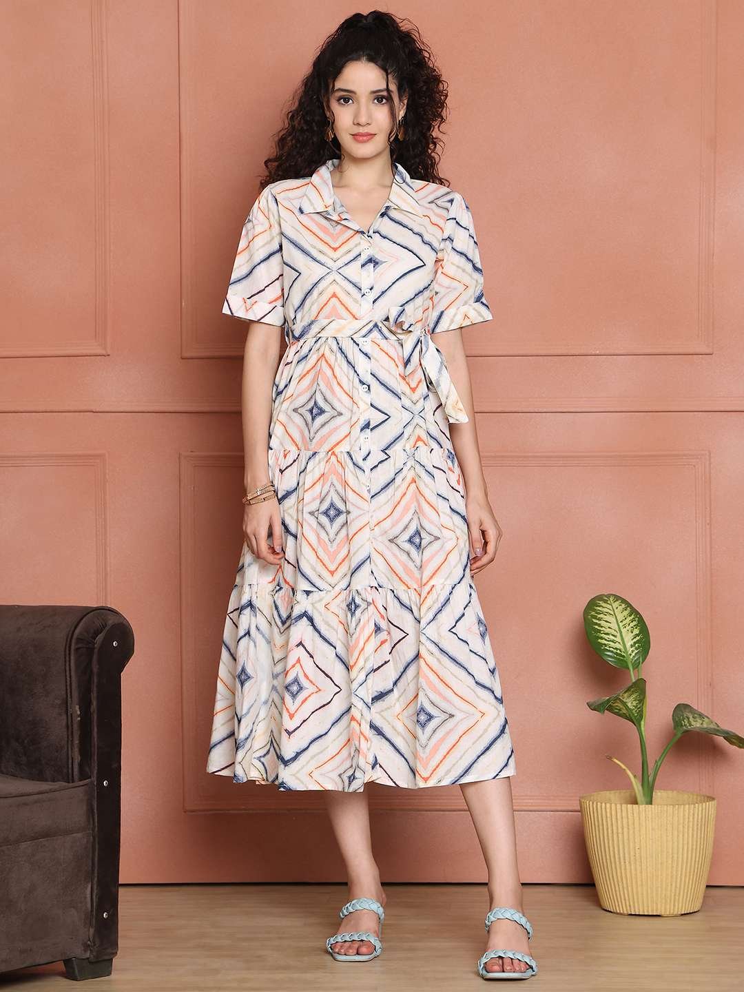 Women's Cotton Printed A-Line Midi Dress | Short Sleeve Flared Gown Dress (White) - Image 7