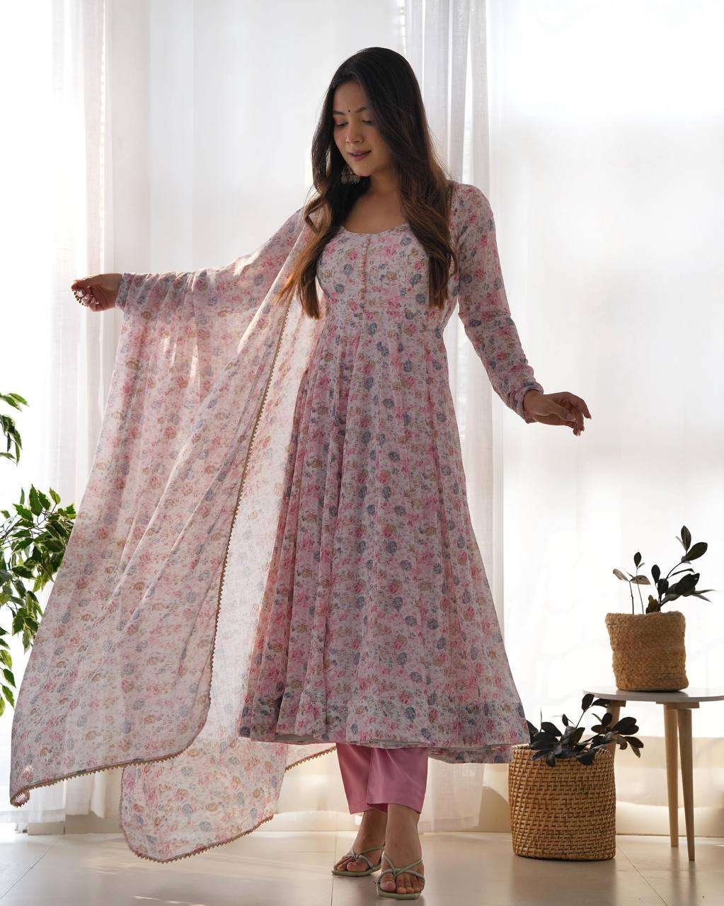 Womens Crunchy Silk Anarkali Kurti with Pant & Dupatta Set - Image 4