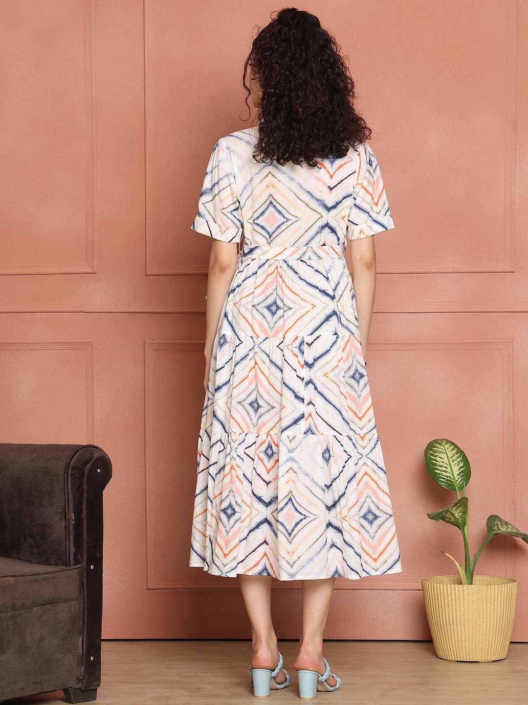Women's Cotton Printed A-Line Midi Dress | Short Sleeve Flared Gown Dress (White) - Image 2