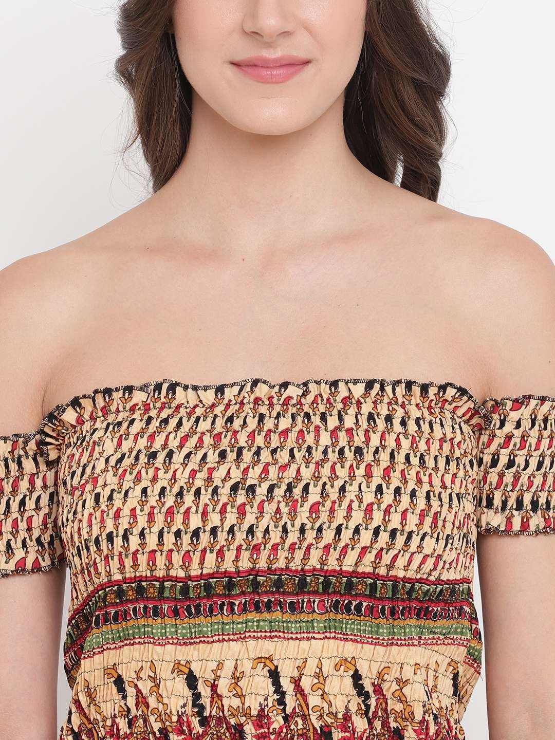 Women's Rayon Printed Off-Shoulder Smocked Crop Top Short Sleeve Casual Styles Tank Top (FREE SIZE) Multi4 - Image 4