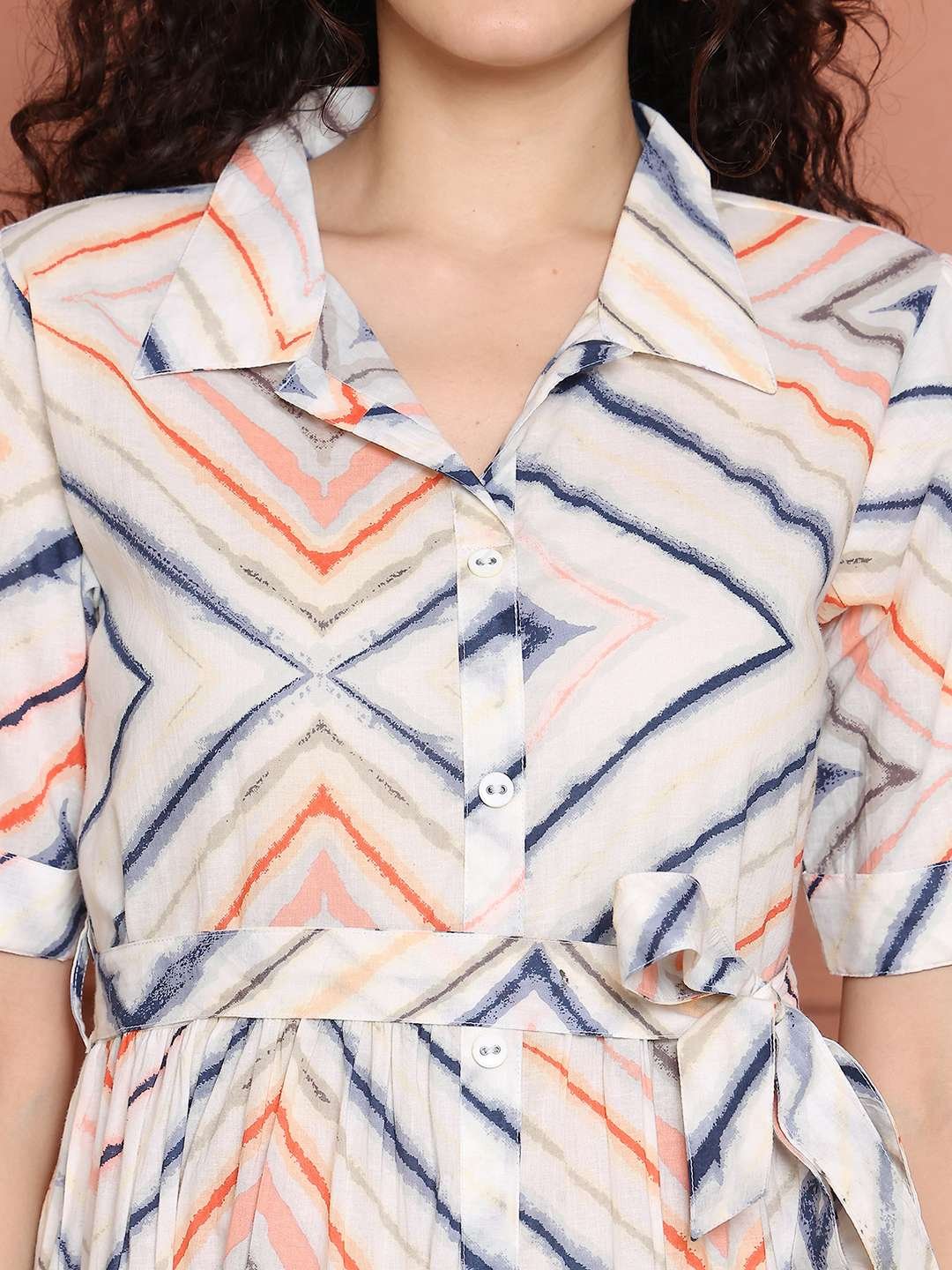Women's Cotton Printed A-Line Midi Dress | Short Sleeve Flared Gown Dress (White) - Image 5