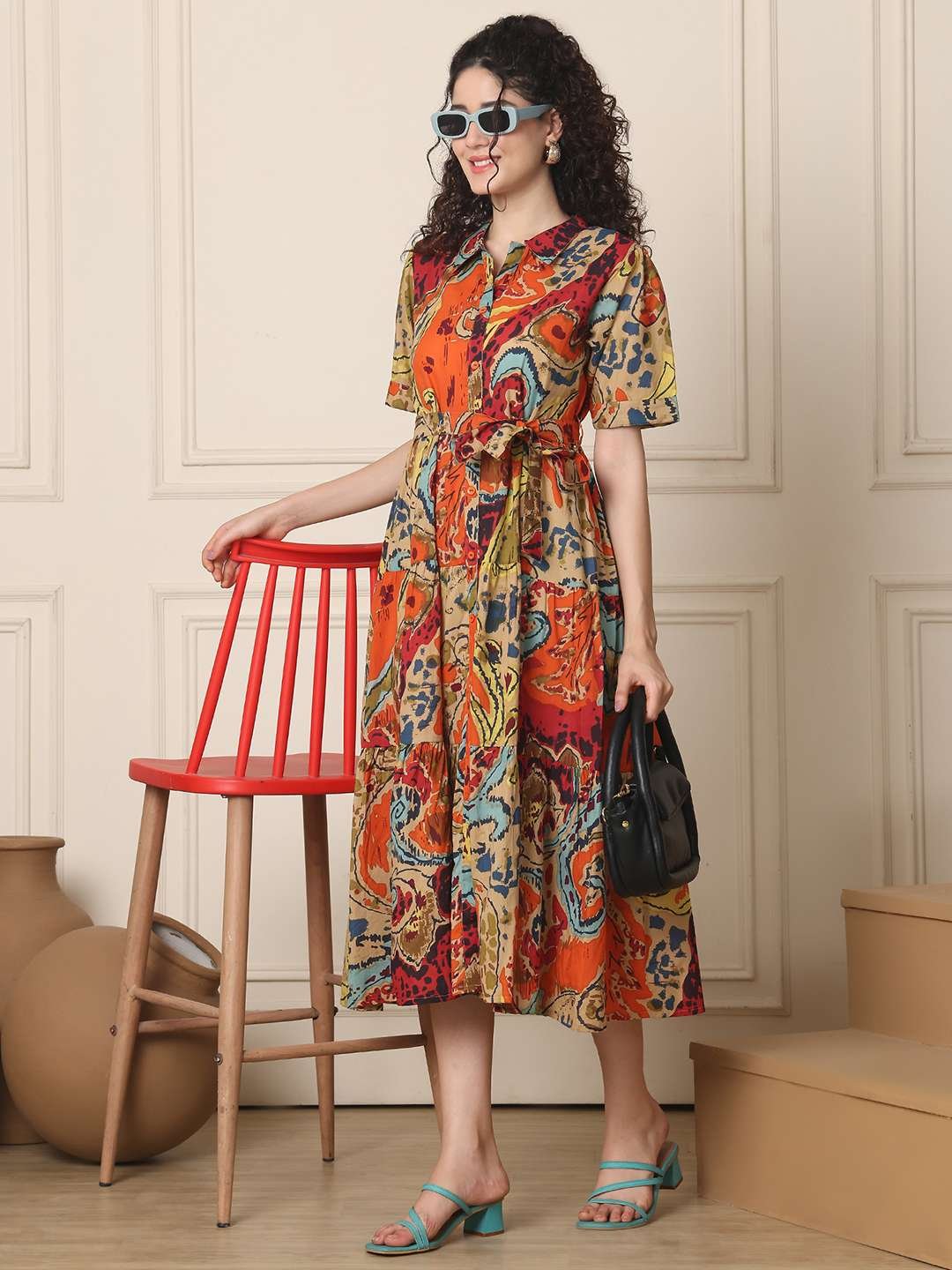 Women's Cotton Printed A-Line Midi Dress | Short Sleeve Flared Gown Dress (Multti Color1) - Image 4
